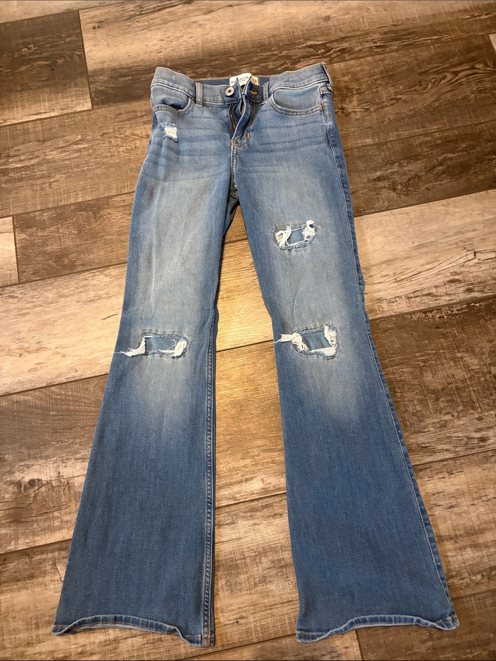 abercrombie kids light blue distressed flare jeans
